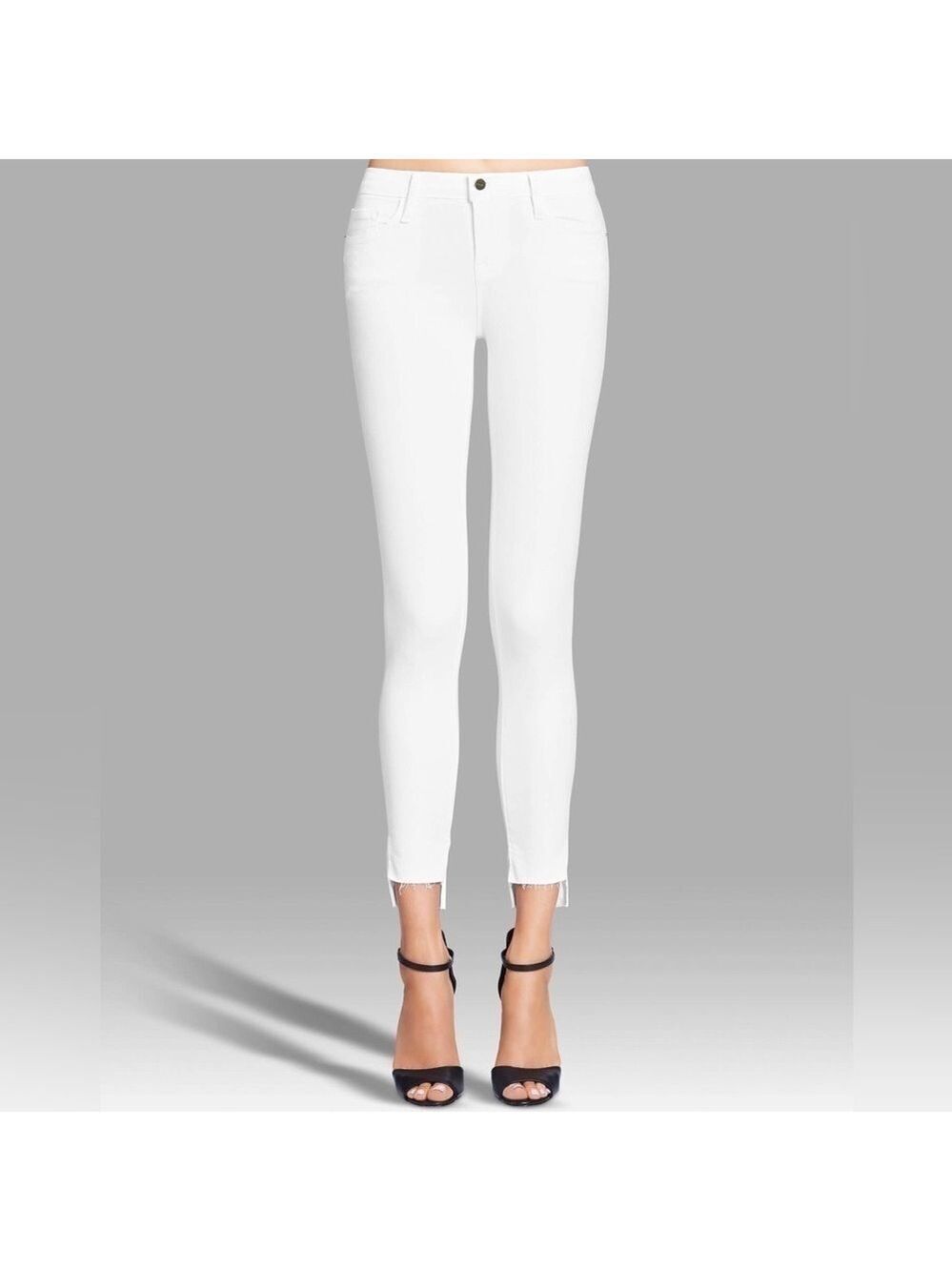 Frame Denim Le Skinny De Jeanne Staggered Hem White Jeans Sz 27
